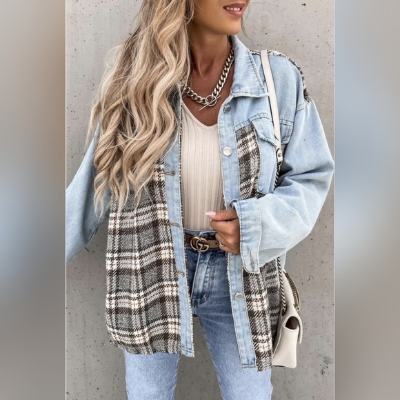 Jackets & Blazers - Plaid and Denim Shacket